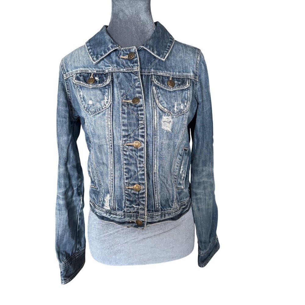 Heritage 1981 Womens Distressed Blue Denim Jacket Size S With Button Closures &